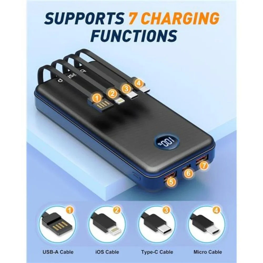 37000mAh portable power bank with built in cables fast charging battery pack